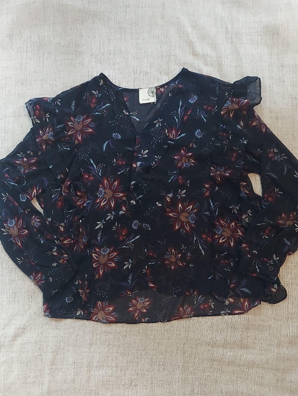 Anthropologie  Navy Floral Print Top with Burgundy & Purple Accents Sz. S